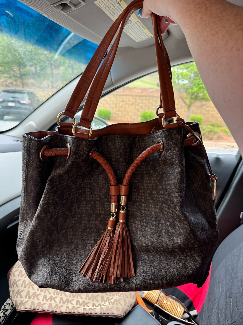 Michael Kors Brown MK Logo Drawstring Tote with Tassel